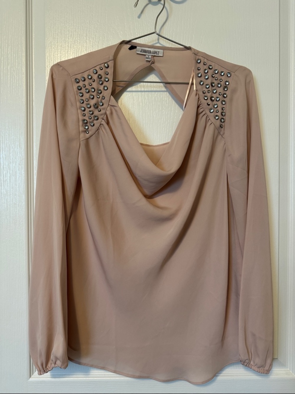 Jennifer Lopez Blush Draped Cowl Neck Studded Shoulder Blouse